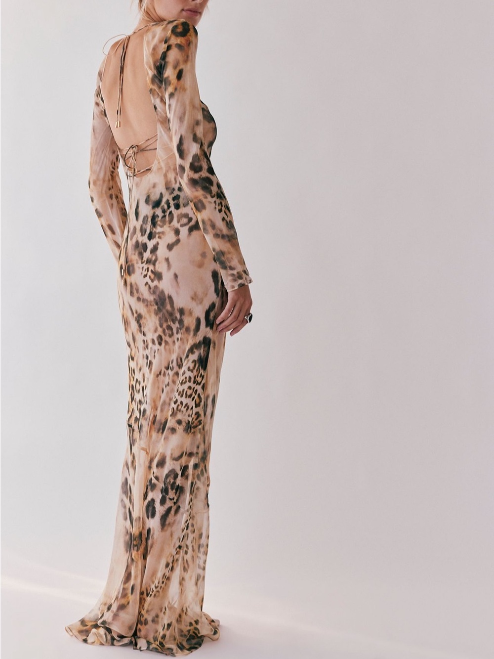 Free People Leopard-Print Long-Sleeve Backless Maxi Dress - Beige, Black